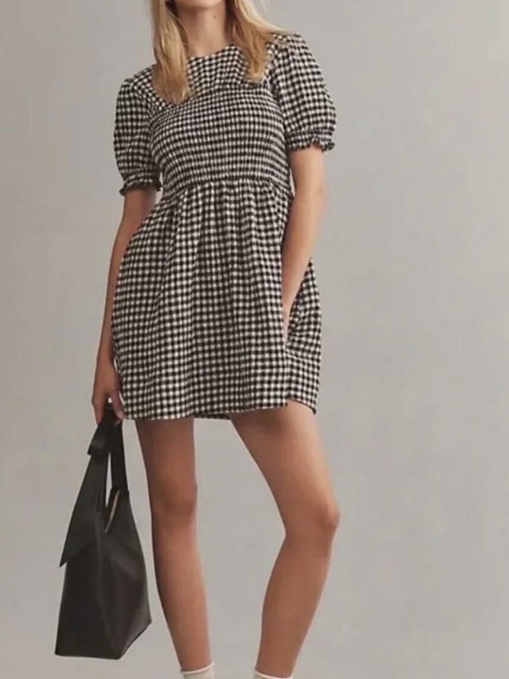 Maeve Black and White Gingham Puff-Sleeve Mini Dress